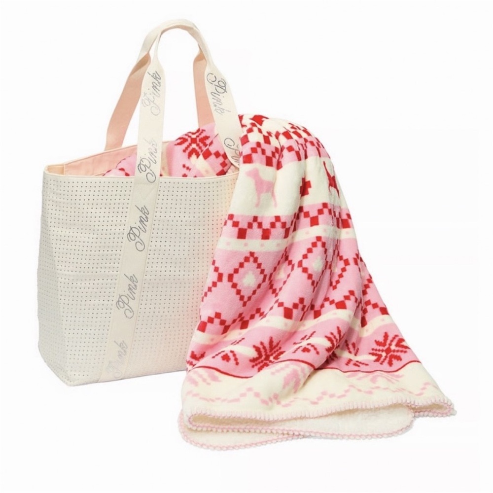 Victoria’s Secret PINK Heart Blanket and Rhinestone Logo Tote Bag Set